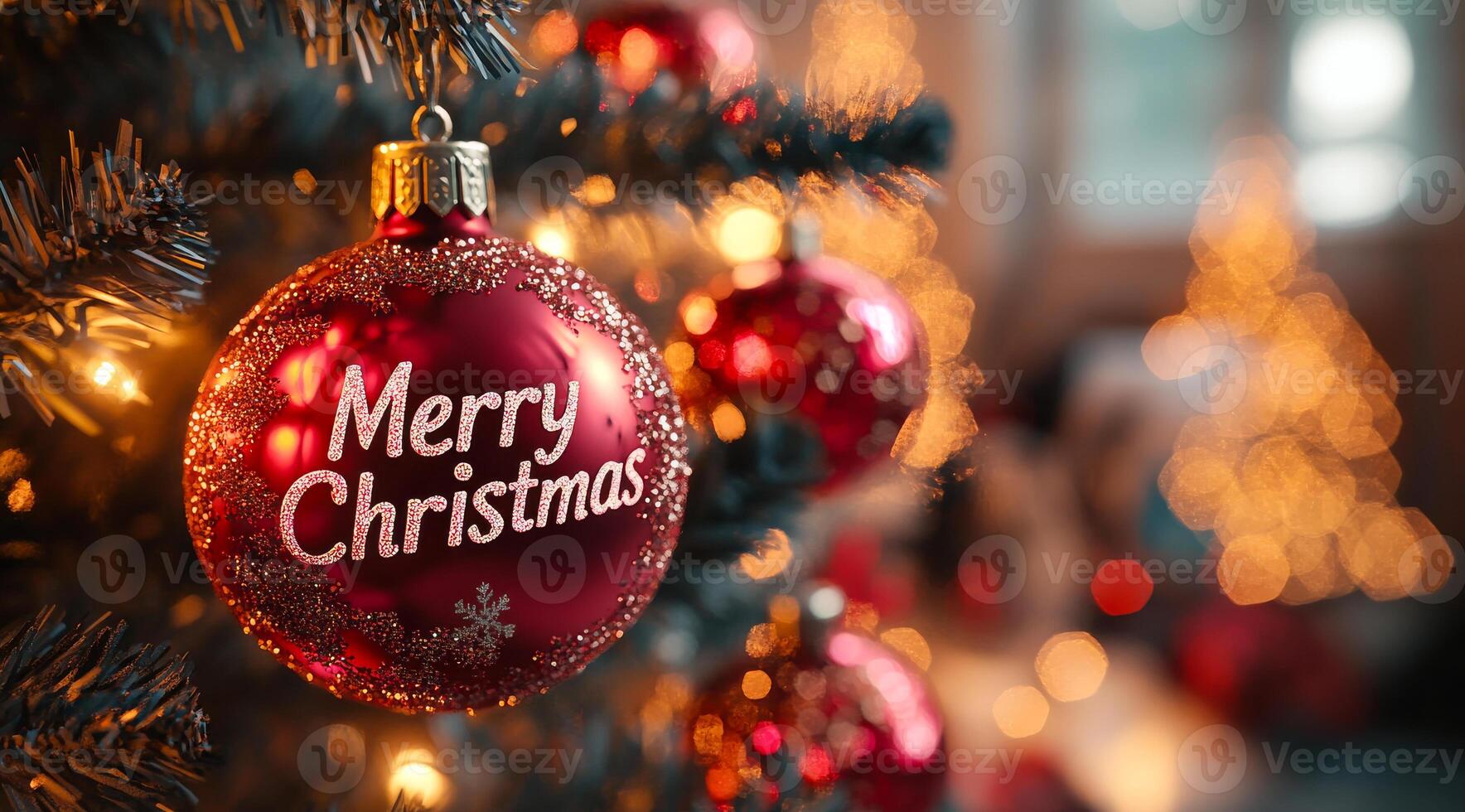 Merry Christmas is written on a red ornament hanging on a Christmas tree. The tree is decorated with many other ornaments, including some that are not red. Scene is festive and joyful photo