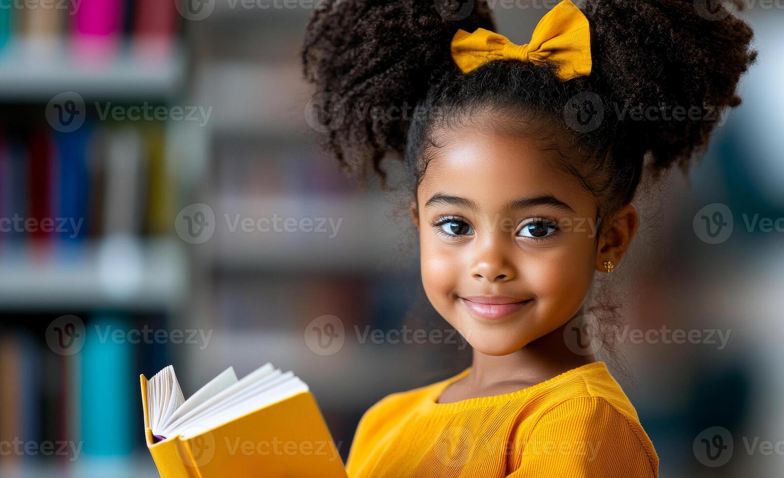 A young girl is holding a book and smiling. She is wearing a yellow shirt and has her hair in a ponytail. The scene takes place in a library, with many books visible in the background photo