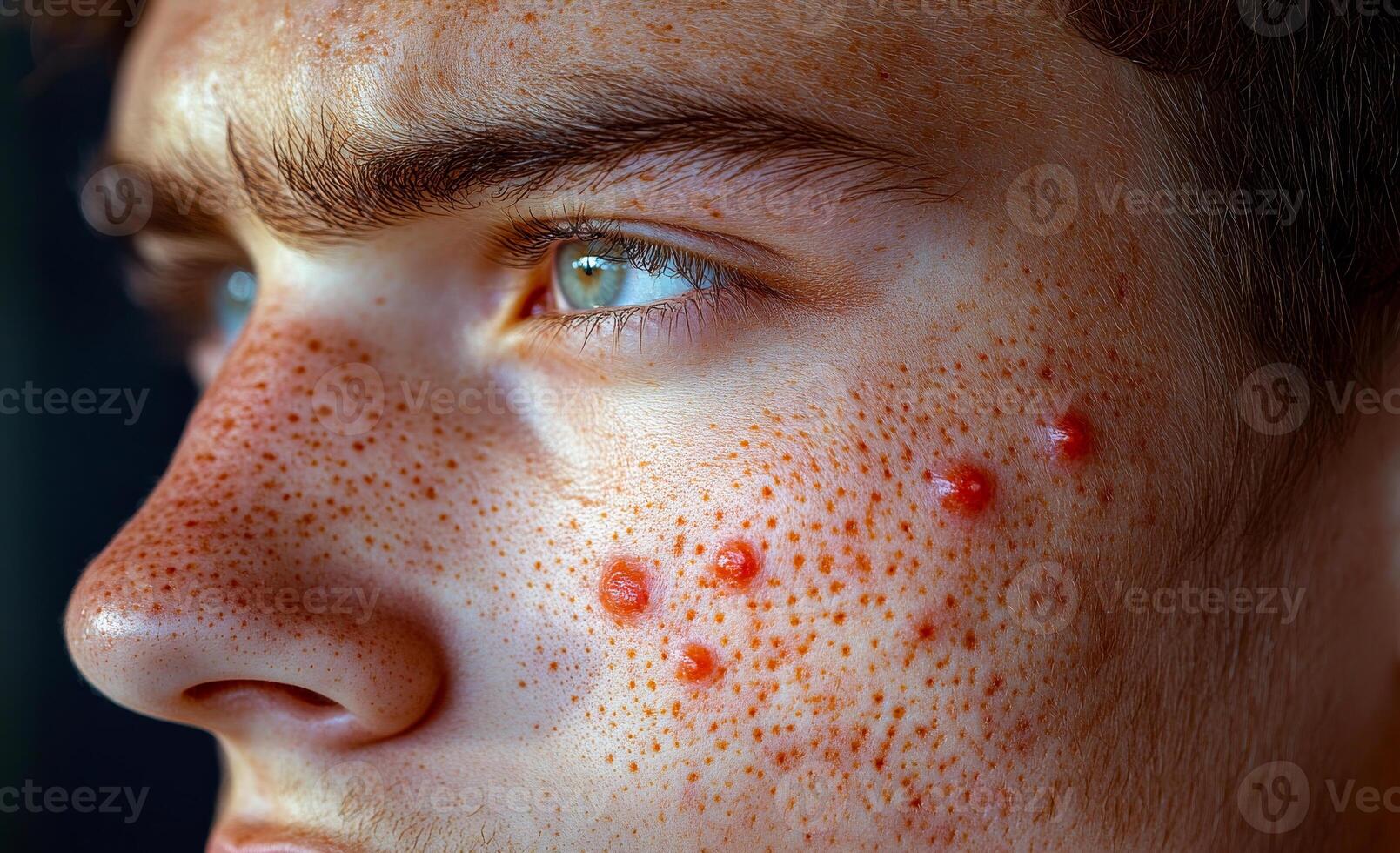 A man with a red face and a green eye. The man has a rash on his face photo