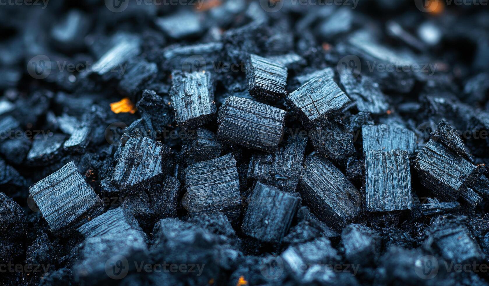 A pile of black wood chips with a dark blue hue. Concept of depth and texture, with the wood chips appearing to be piled on top of each other photo