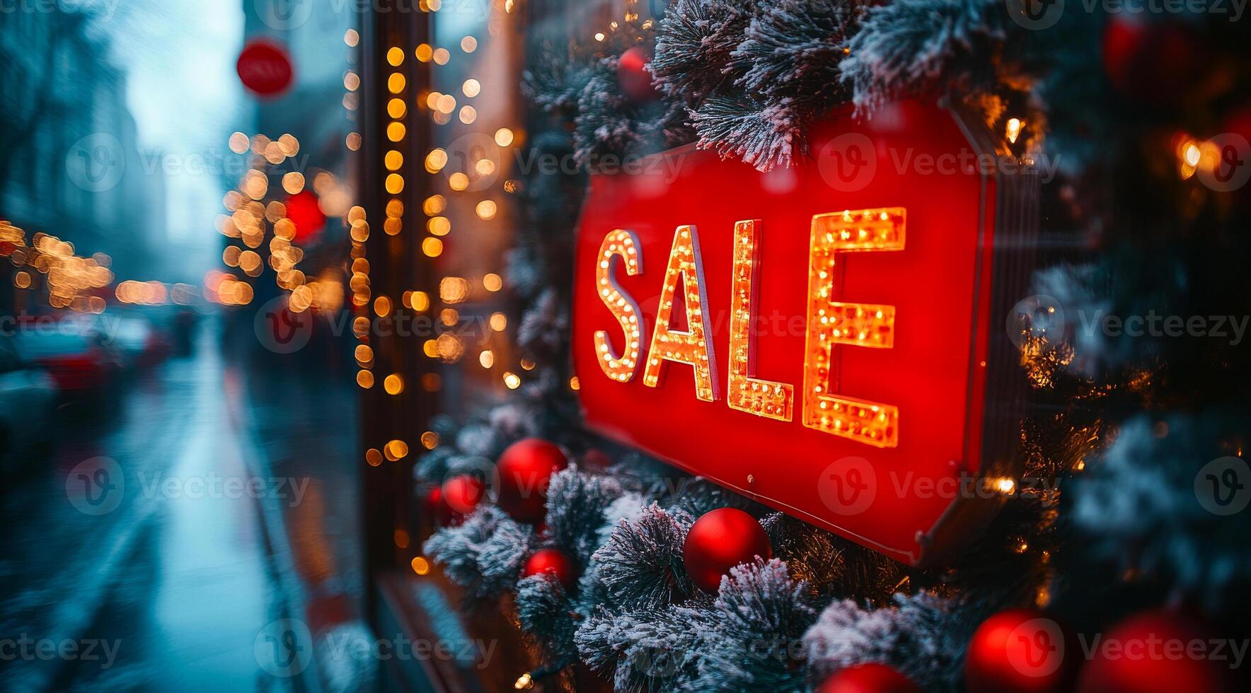 A red sign with the word Sale written on it is hanging on a Christmas tree. The sign is lit up and surrounded by Christmas lights, creating a festive atmosphere photo