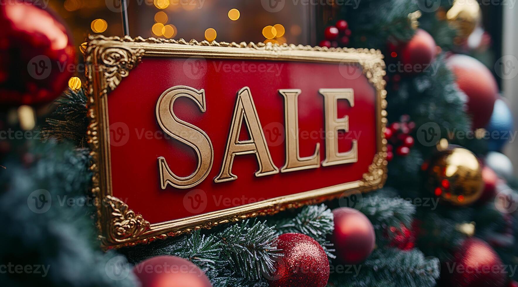 A red sign with the word Sale written on it is hanging from a Christmas tree. The sign is surrounded by a wreath of Christmas decorations, including many red and gold ornaments photo