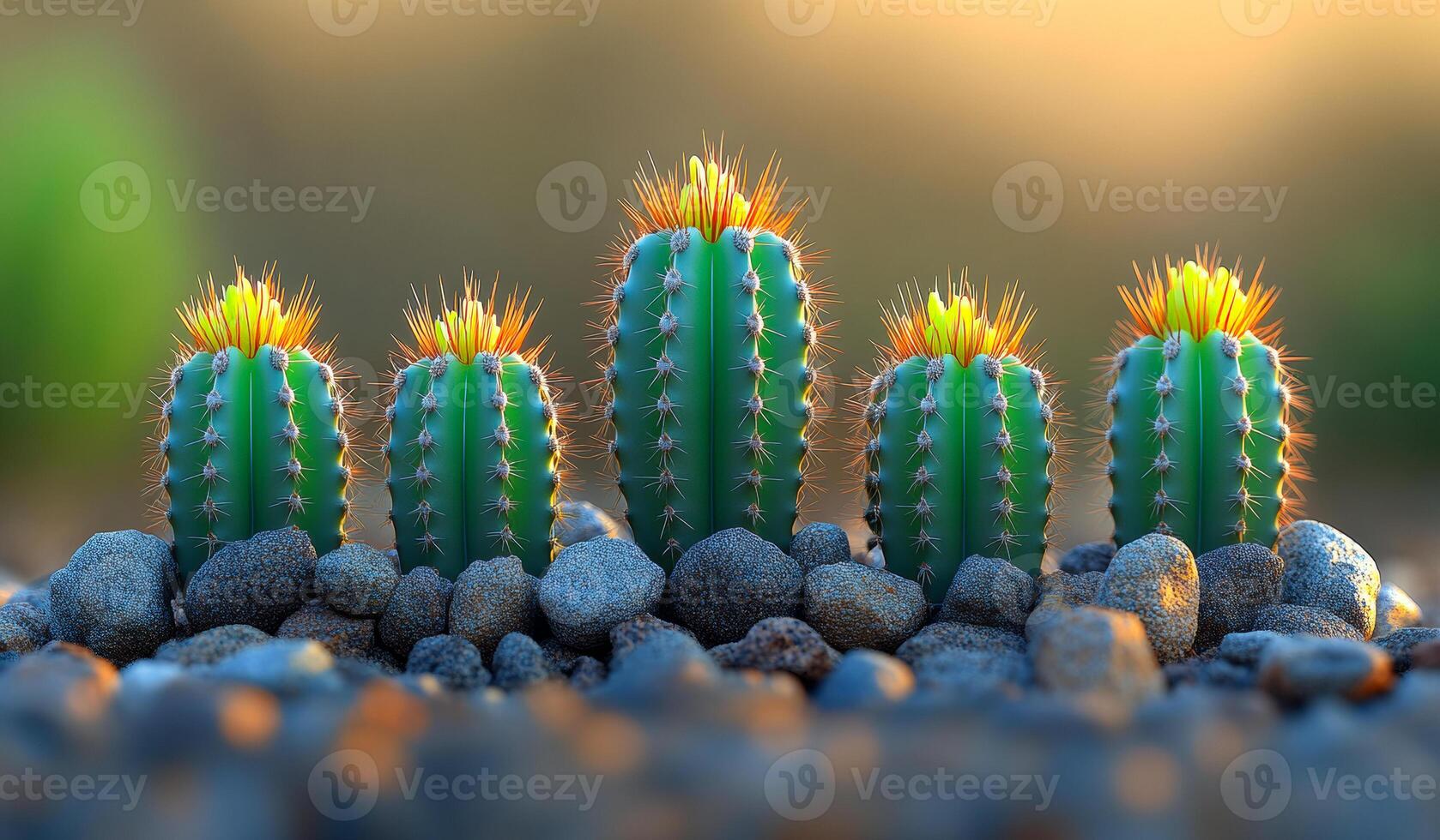 A group of cacti are standing on a rocky surface. The cacti are green and yellow, and they are all facing the same direction photo