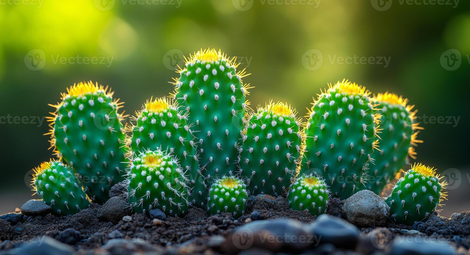 A group of cacti with yellow flowers are in a rocky area. The cacti are green and have spines photo