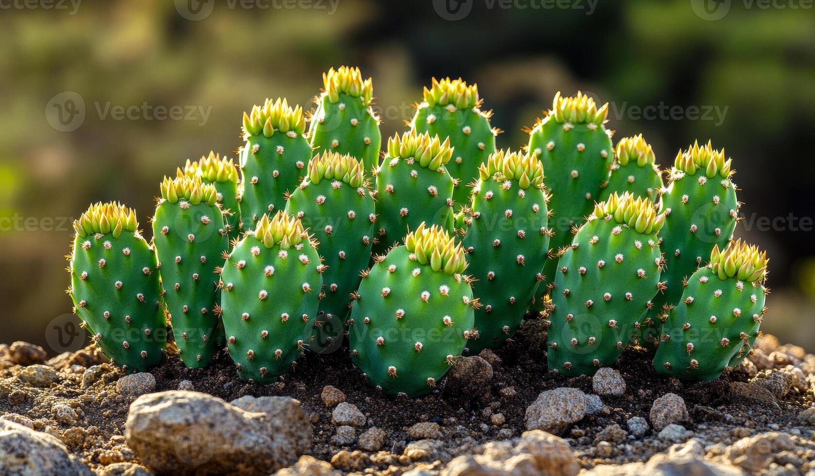 A group of cactus plants with yellow flowers. The cactus plants are green and have many small yellow flowers photo