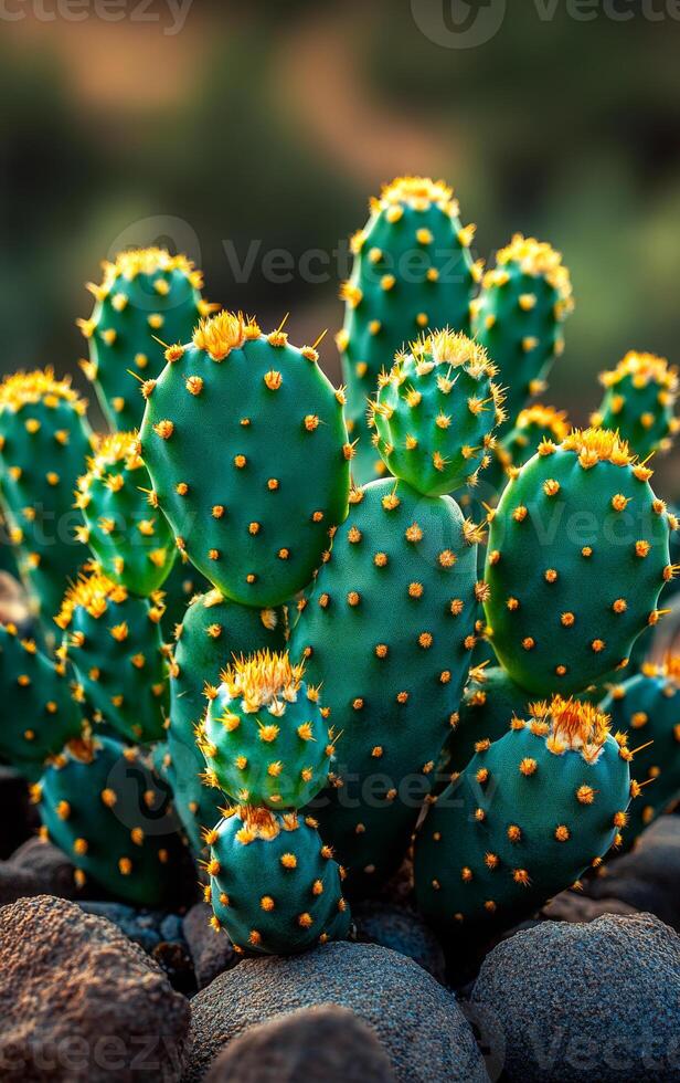 A cluster of cacti with yellow flowers is the main focus of the image. The cacti are green and have yellow flowers, which give the scene a vibrant and lively atmosphere photo