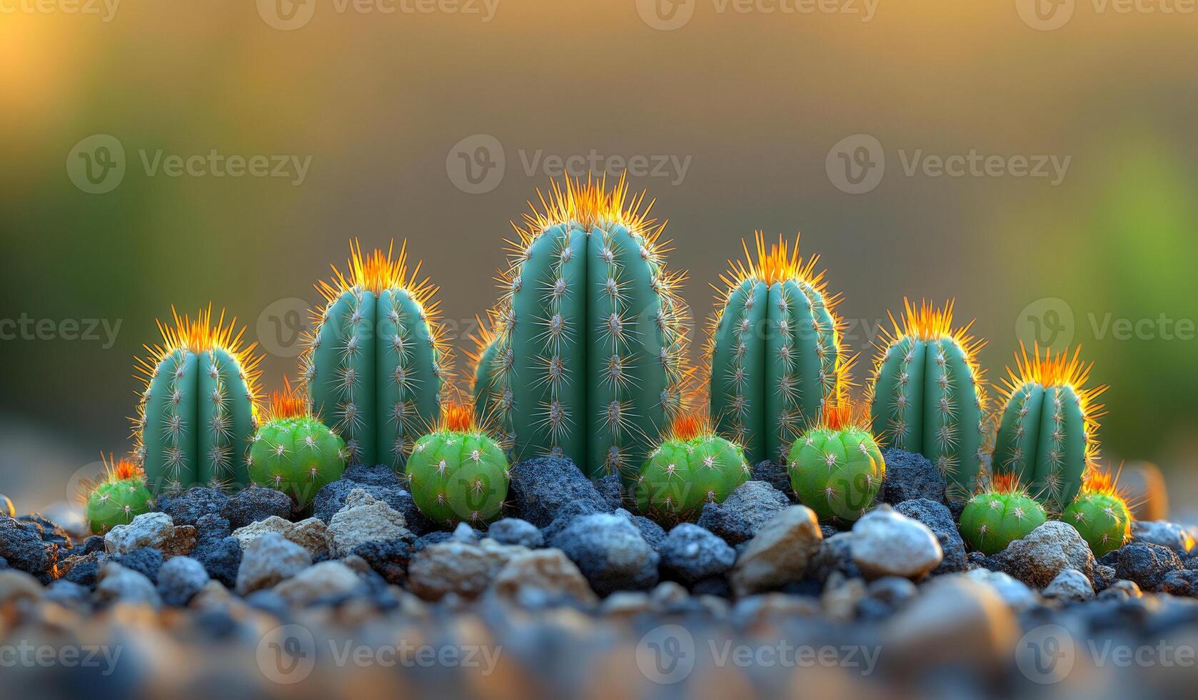 A row of cacti with one of them having a yellow flower. The cacti are arranged in a row and are surrounded by rocks photo