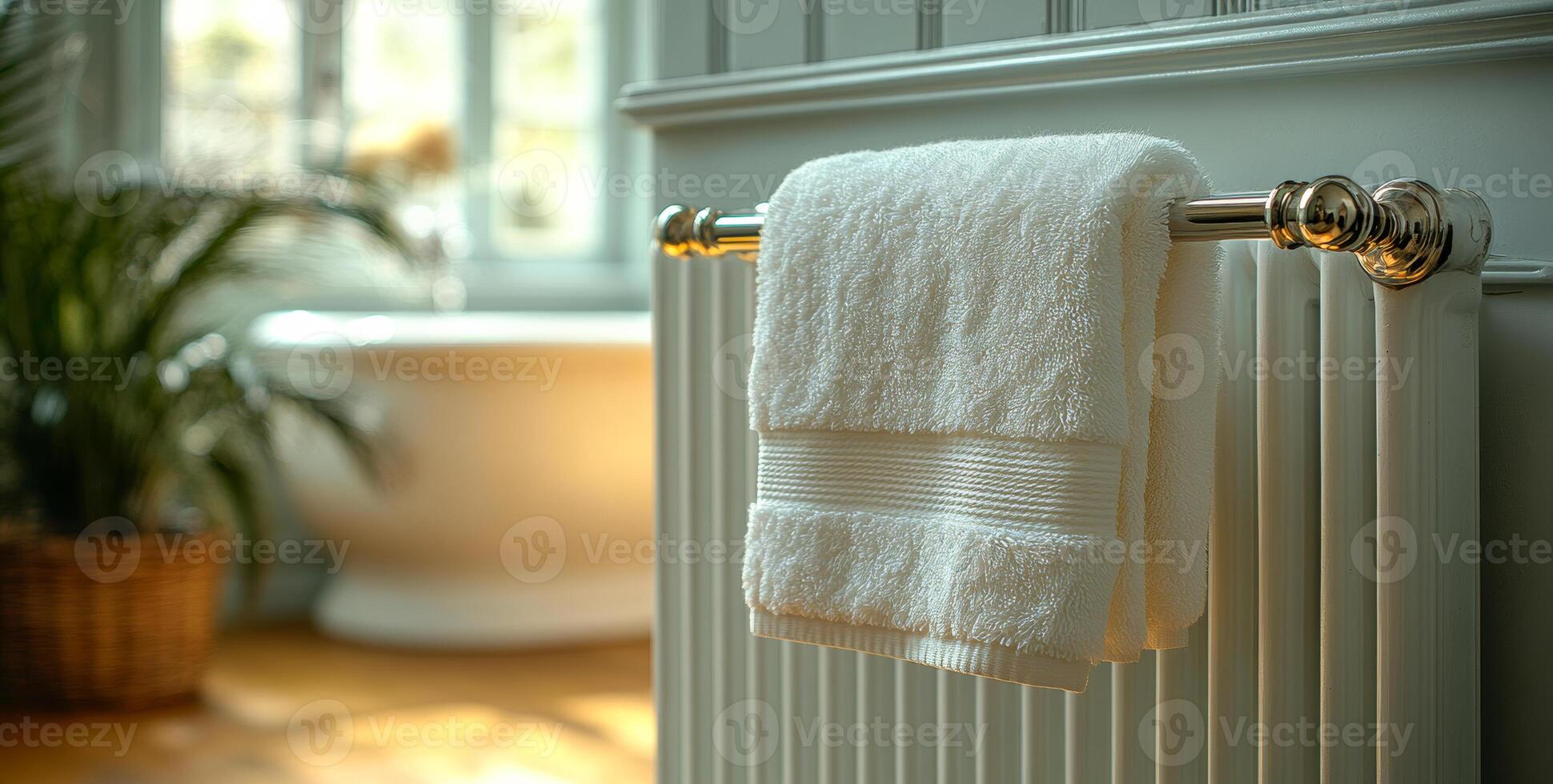 A white towel is hanging on a radiator in a bathroom. The towel is folded neatly and is hanging on a metal rod. The bathroom has a bathtub and a potted plant. Concept of cleanliness and organization photo