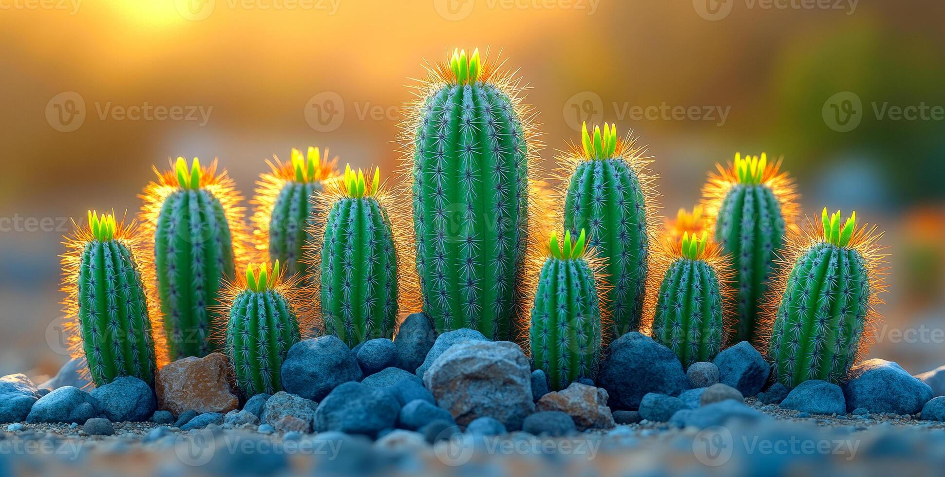A group of cacti are standing in a rocky area with the sun shining on them. The cacti are all different sizes and shapes, but they all have spines and are green. The scene is peaceful and serene photo