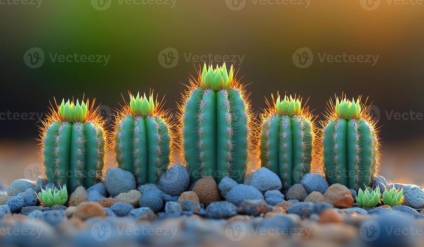 A group of cacti are arranged in a row on a rocky surface. The cacti are green and have spines, giving the scene a natural and rugged feel. The arrangement of the cacti creates a sense of harmony photo
