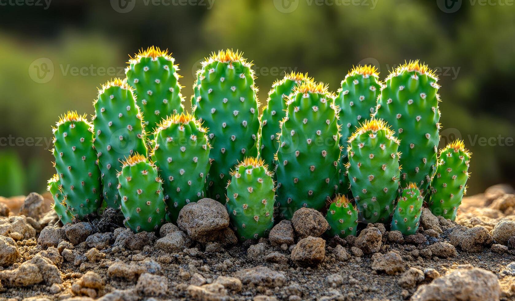 A group of cacti with yellow flowers are growing in a rocky area. The cacti are tall and green, with many spines on their stems. The scene has a natural and rugged feel photo