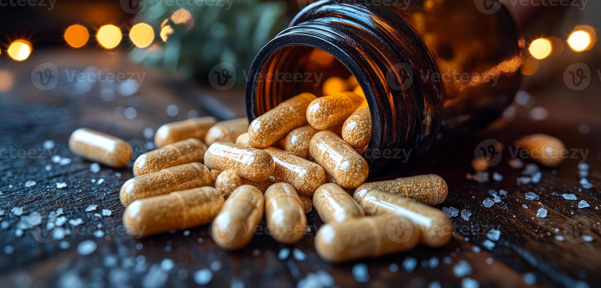 A bottle of pills is open and scattered on a table. The pills are in various sizes and colors, and they are all piled up on the table. The scene gives off a sense of disarray and chaos photo