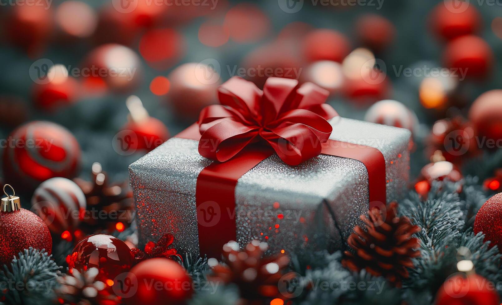 A silver box with a red bow sits on top of a pile of Christmas decorations. The decorations include a variety of ornaments, such as balls and pine cones, and a tree. The scene conveys a festive photo