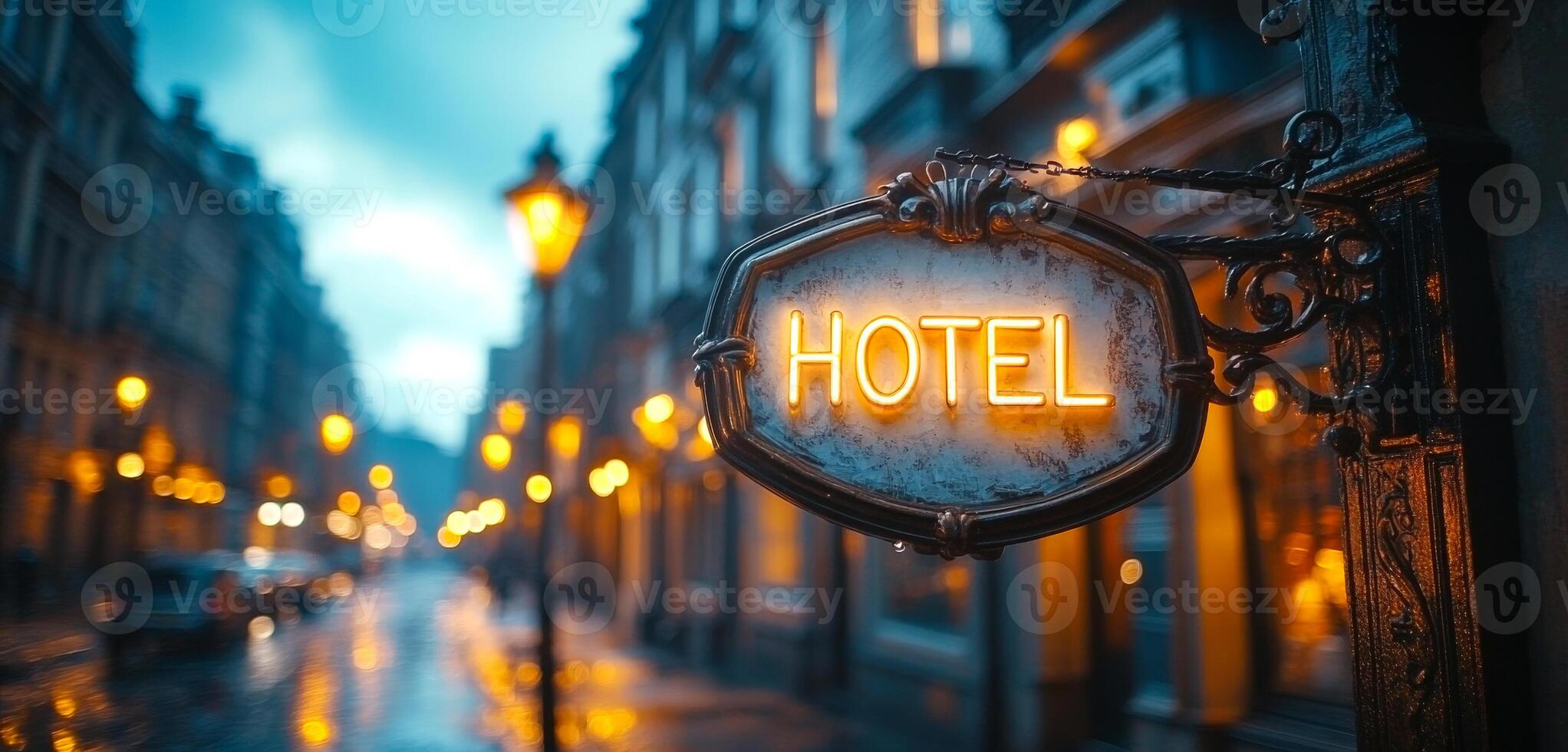 A sign for a hotel is lit up in the rain. The sign is on a street corner with other lights in the background photo