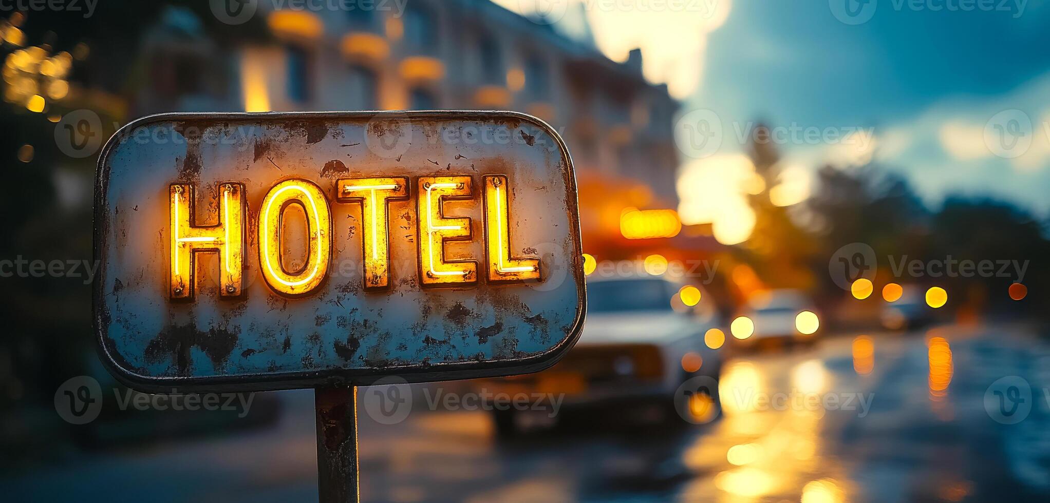A sign that says HOTEL is lit up in the night. The sign is on a pole and is surrounded by cars and buildings. The scene is set in a city at night, with the sign glowing in the darkness photo