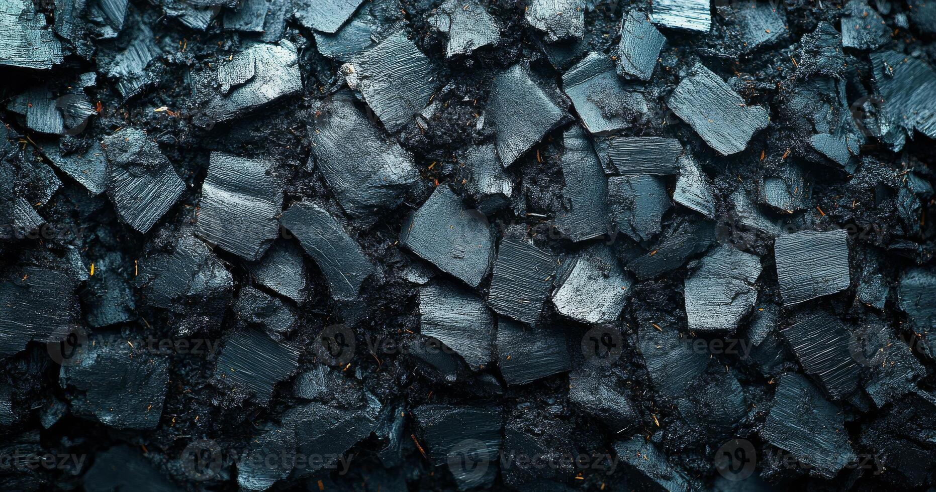 A close up of a pile of black rocks. The rocks are all different sizes and shapes, and they are scattered all over the image. Scene is one of chaos and disorder photo