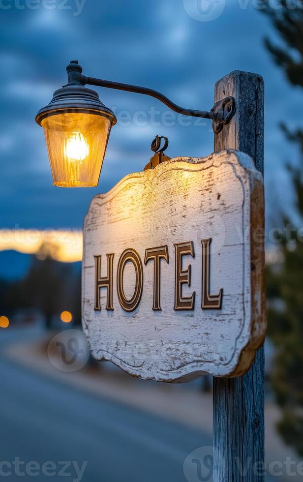 A sign for a hotel is lit up at night. The sign is white and has the word hotel on it. The sign is attached to a wooden post photo