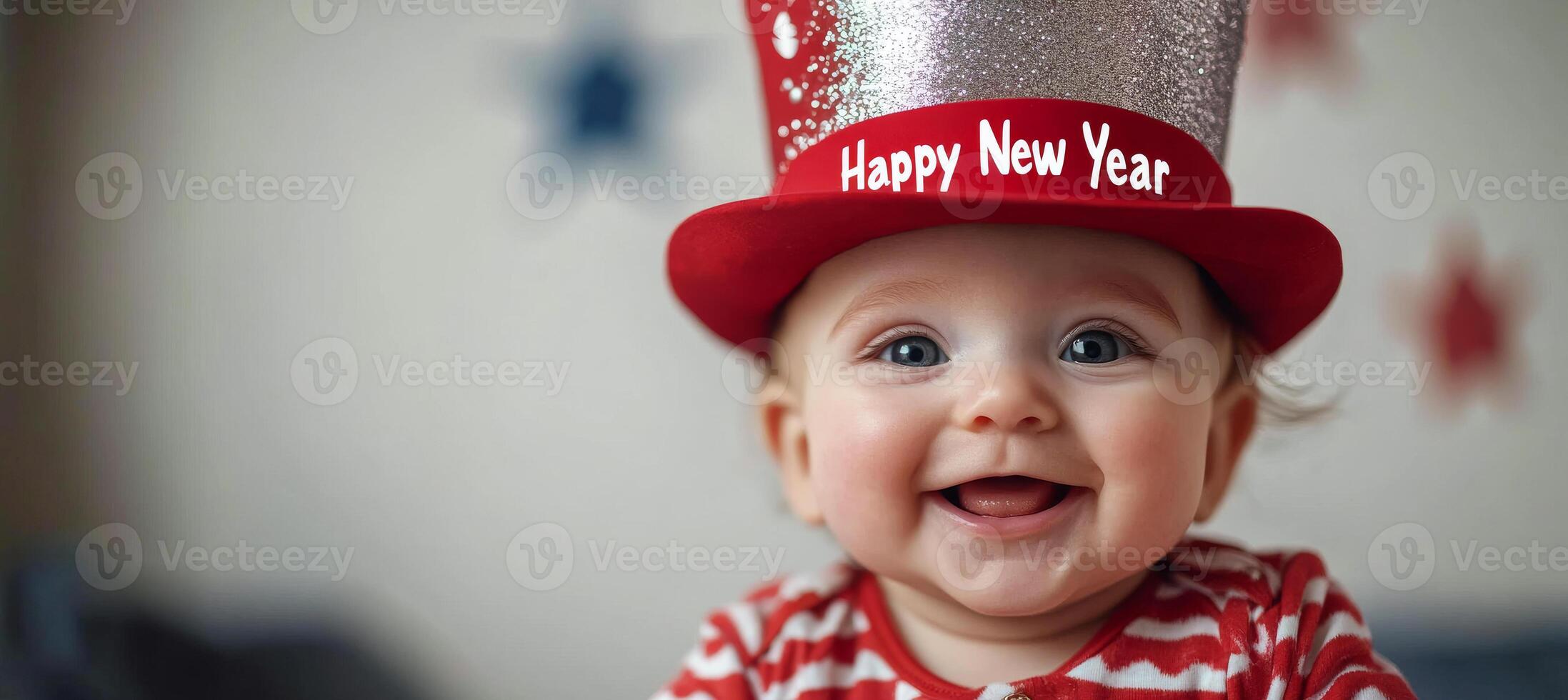 Cheerful baby celebrating New Year in festive hat. A joyful baby wearing a bright red hat smiles widely while celebrating New Year, surrounded by colorful decorations. photo