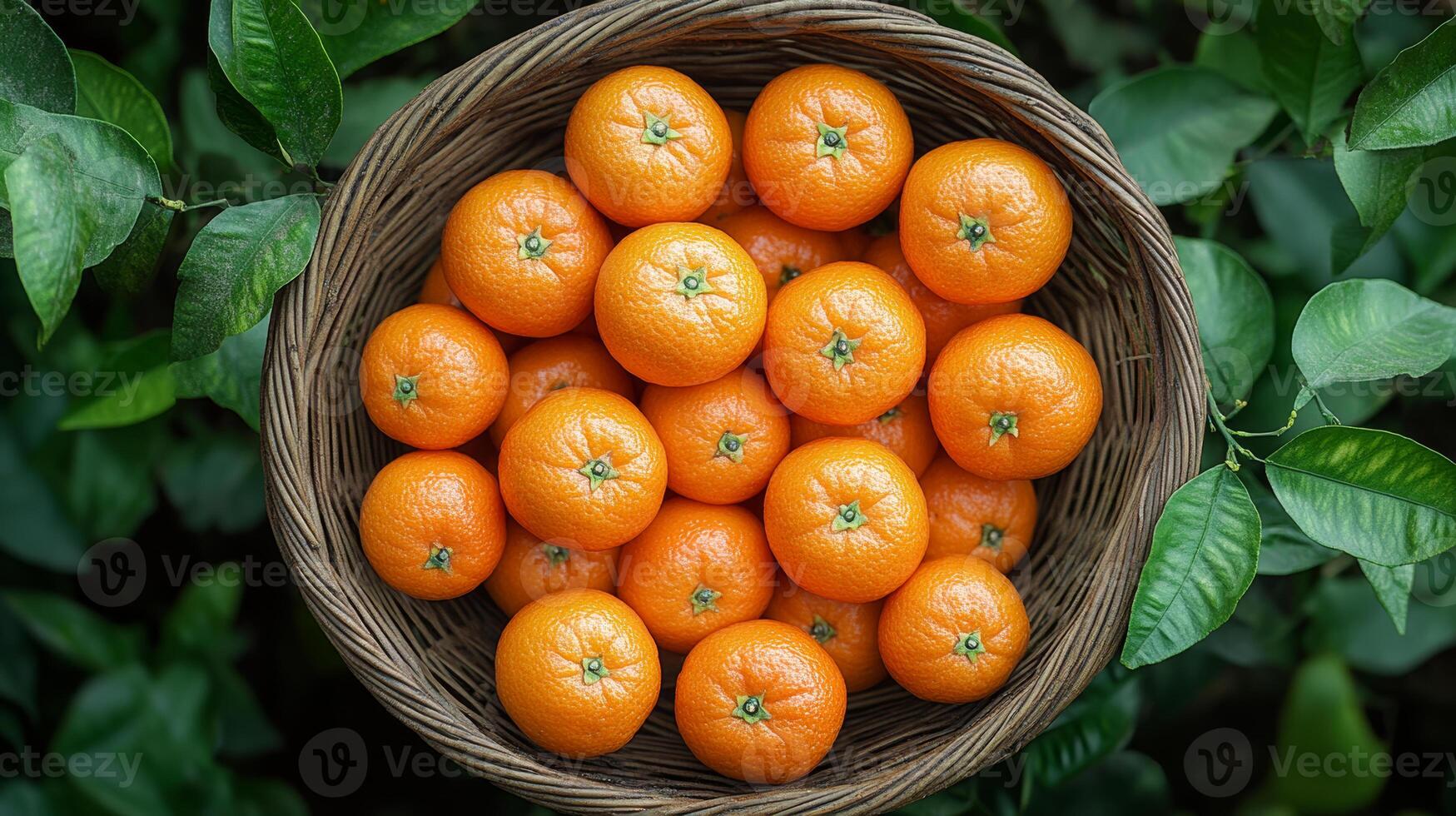 Fresh oranges in a wicker basket outdoors. A wicker basket filled with vibrant oranges is placed among lush green leaves in an outdoor setting, showcasing a bountiful harvest. photo