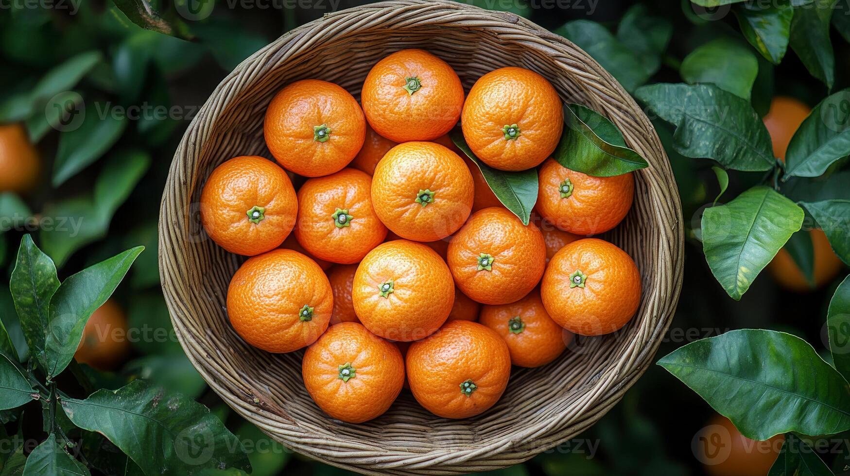 Fresh oranges in a woven basket. A woven basket filled with vibrant oranges sits among green leaves, showcasing the bounty of a fruitful harvest in nature. photo