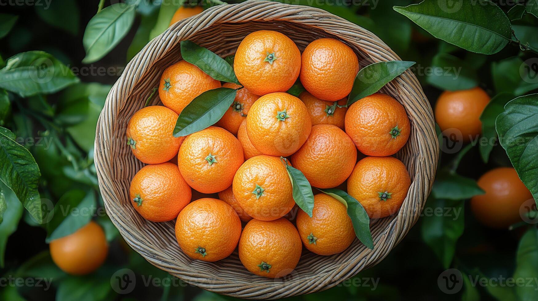 Fresh oranges in a woven basket outdoors. A vibrant basket filled with freshly picked oranges sits among lush green leaves in a sunny orchard, showcasing the harvest. photo