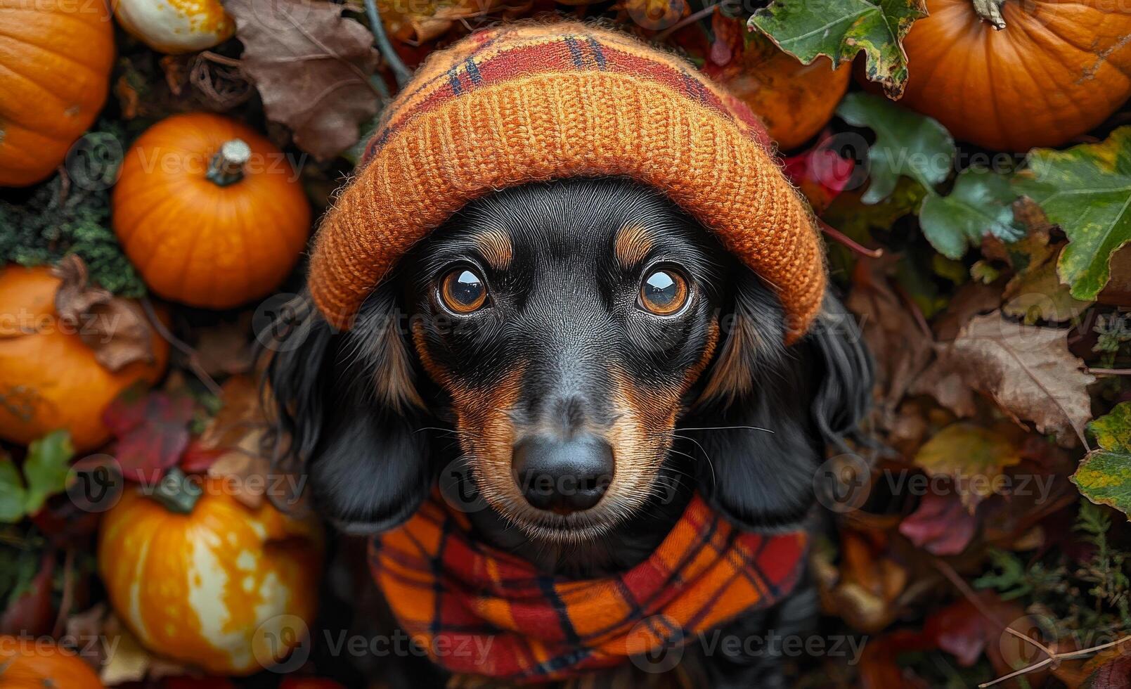 A cozy dog in a pumpkin patch during autumn. A dog wearing a hat and scarf sits among pumpkin decorations surrounded by colorful autumn leaves in a sunny outdoor setting. photo