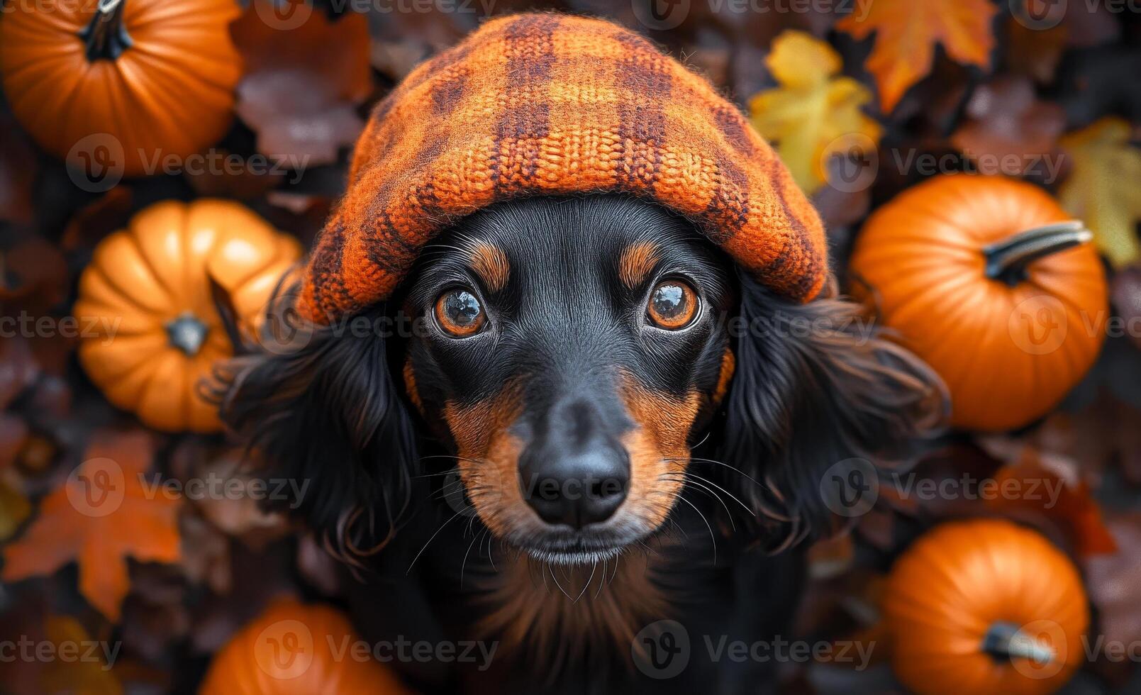 Cute dog wearing a hat among autumn pumpkins. A playful dog with a cozy hat sits surrounded by vibrant autumn leaves and pumpkins, capturing the essence of fall. photo