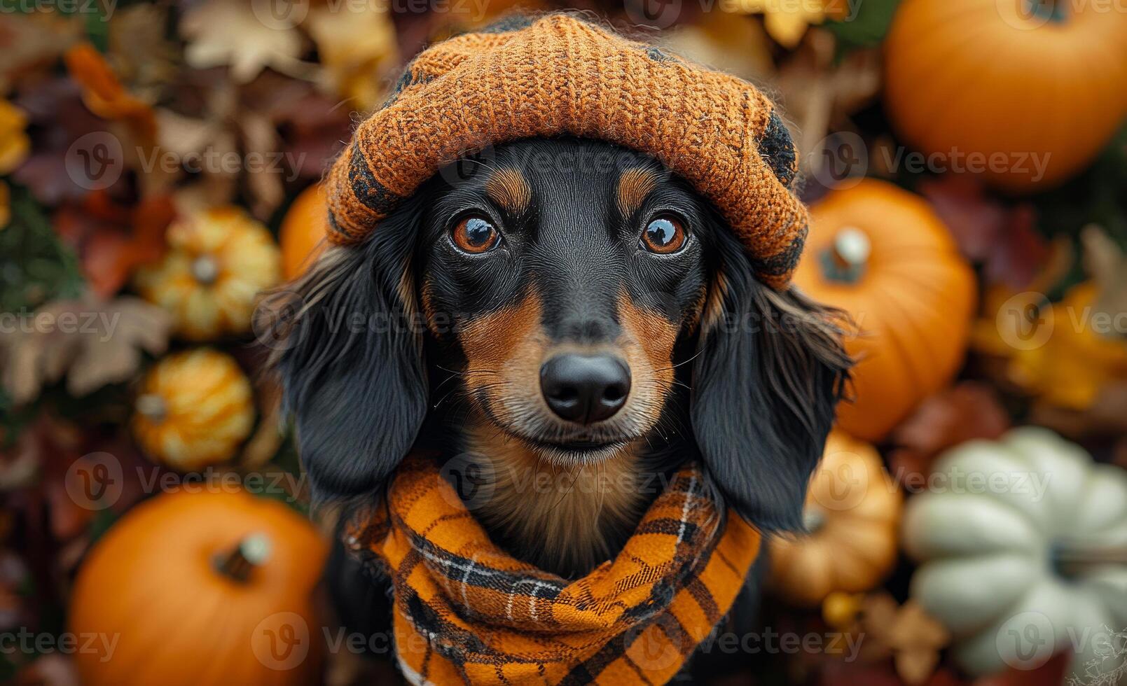 Adorable dog in autumn attire among pumpkins. A cute dog dressed in a warm hat and scarf poses with colorful autumn pumpkins and leaves, showcasing the fall spirit. photo
