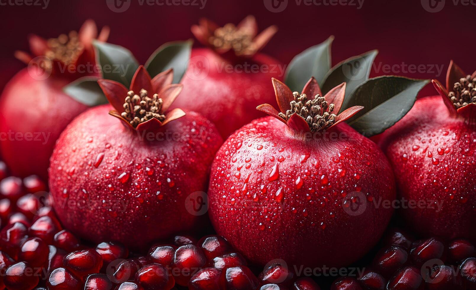 Fresh pomegranates with droplets on red background. Several ripe pomegranates glisten with water droplets, surrounded by vibrant seeds against a rich red backdrop. photo