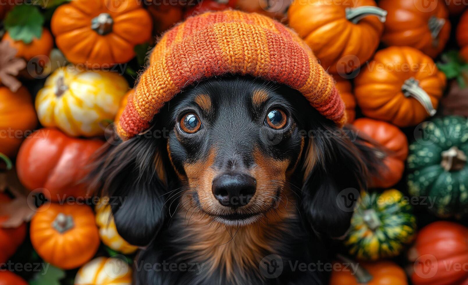 Dog wearing a knit hat among colorful pumpkins. A cute dog with a knit hat poses surrounded by vibrant pumpkins in autumn, capturing the essence of the fall season. photo
