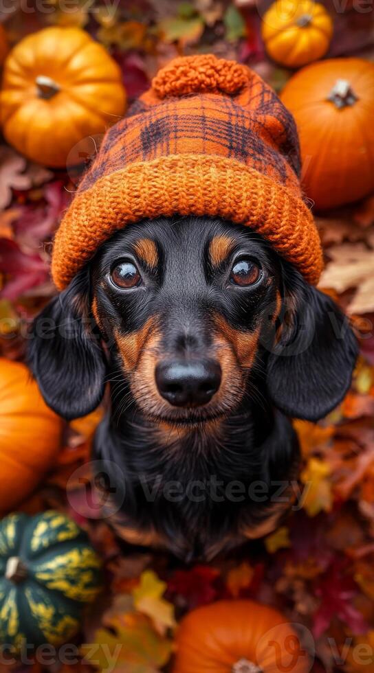 Cute dachshund wearing a hat among autumn leaves. A playful dachshund in an orange hat surrounded by colorful autumn leaves and pumpkins captures the festive fall spirit wonderfully. photo