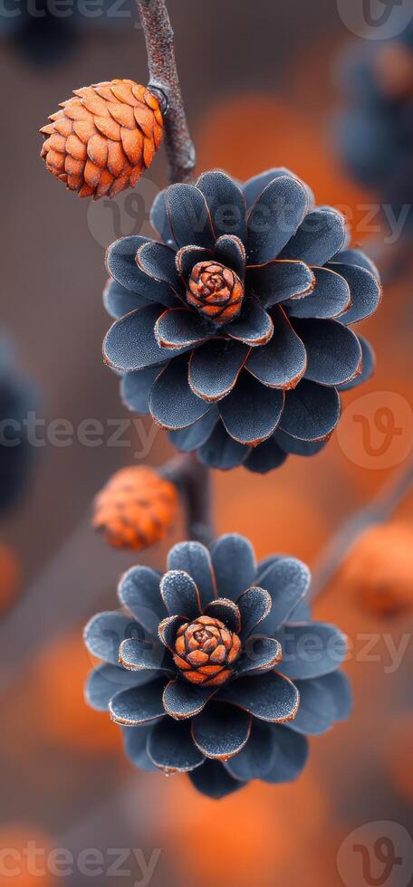Pine cones close-up on orange backdrop. Pine cones displayed prominently with a rich orange background, showcasing intricate details and vibrant contrasts in nature. photo
