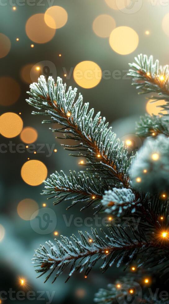 Frosted evergreen tree branch with festive lights. A close-up of a frosted evergreen branch adorned with warm festive lights, creating a cozy winter atmosphere. photo