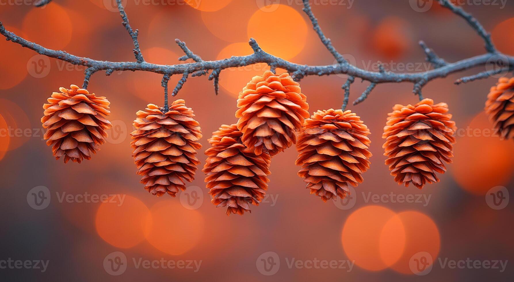 Beautiful pine cones hanging on a branch in autumn. Lush pine cones dangle from a branch, glowing softly against a warm autumn backdrop filled with hints of orange. photo