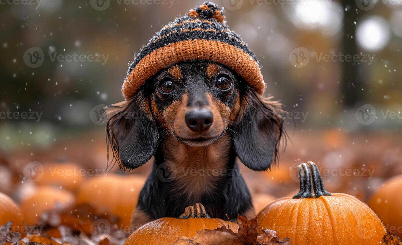 Cute dog wearing a hat among pumpkins in autumn. A small dog in a cozy hat sits surrounded by pumpkins, capturing the essence of autumn with falling leaves and a chilly atmosphere. photo
