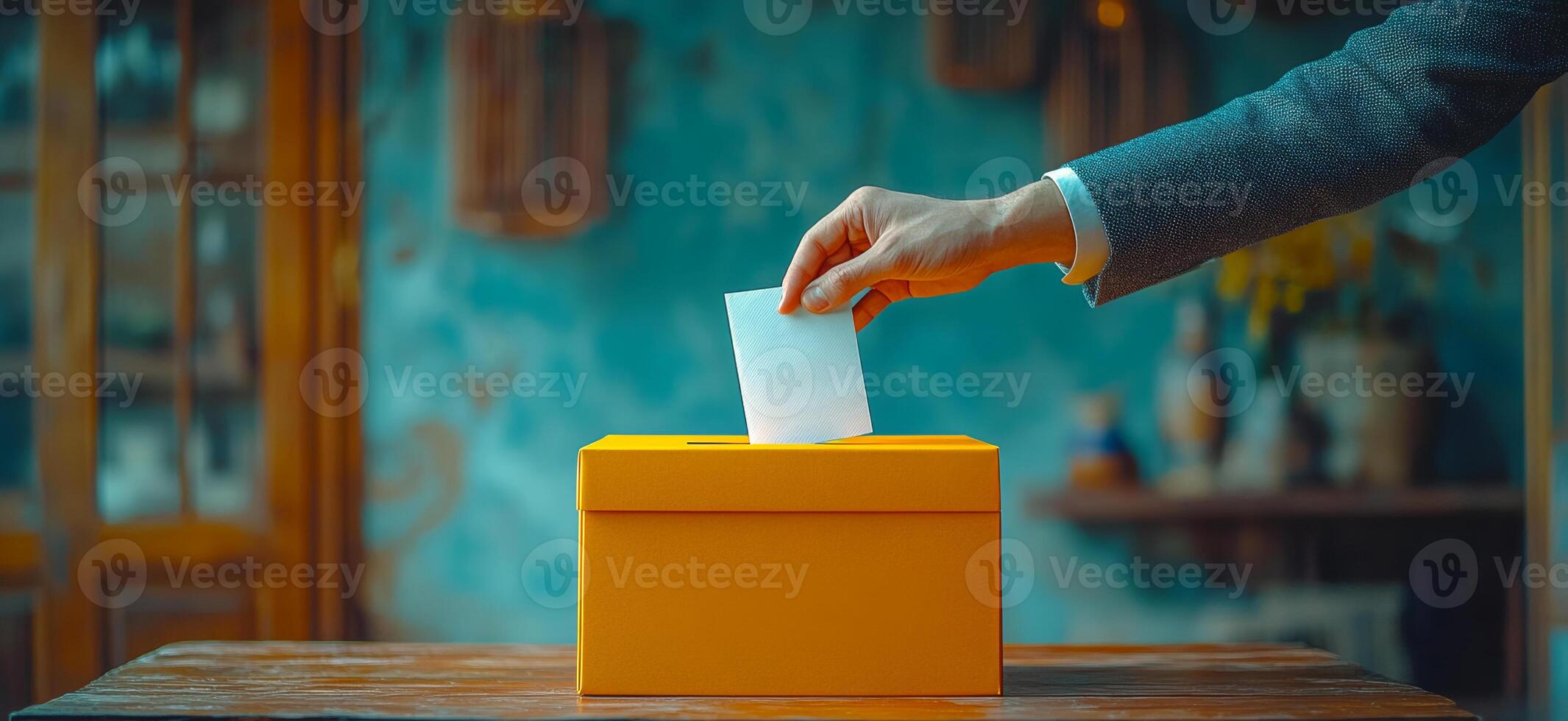 Ballot dropped in yellow box. A person casts a vote by placing a ballot into a bright yellow box in a cozy polling station during electoral season. photo