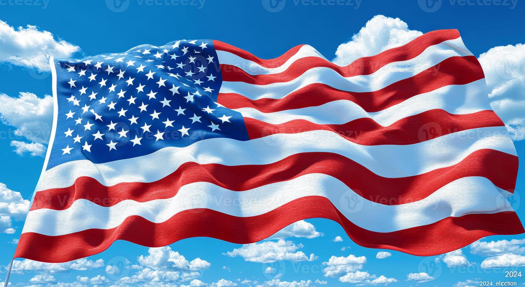 American flag waving under a bright blue sky. The American flag flutters gracefully against a backdrop of fluffy white clouds and a vivid blue sky, symbolizing patriotism and unity. photo