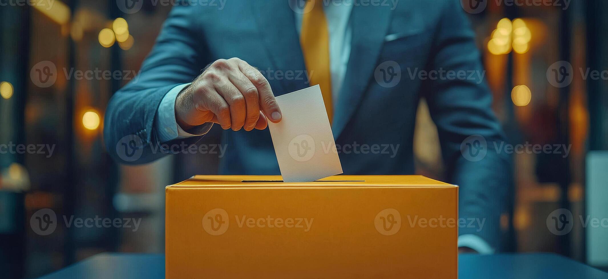 Voting process in a modern office environment. A person in a suit casts a ballot into an orange box during a voting event in a contemporary office space. photo