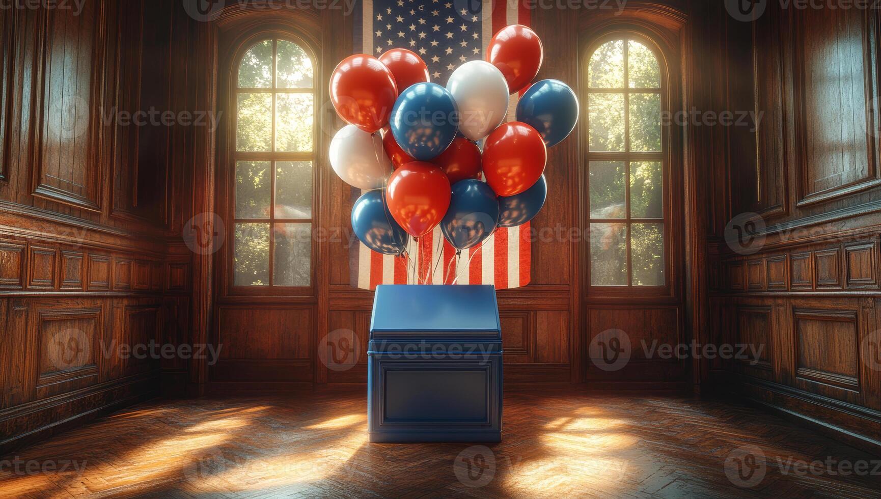 Election-themed colorful balloons indoors. A collection of red, white, and blue balloons with a voting box inside a sunlit room adorned with an American flag. photo