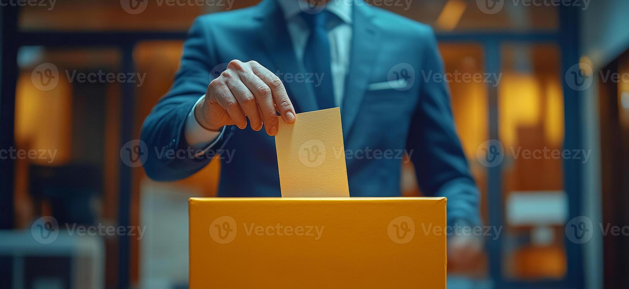 Voter casting a ballot. A well-dressed individual is placing a ballot into a bright yellow box during an election in a formal setting. photo