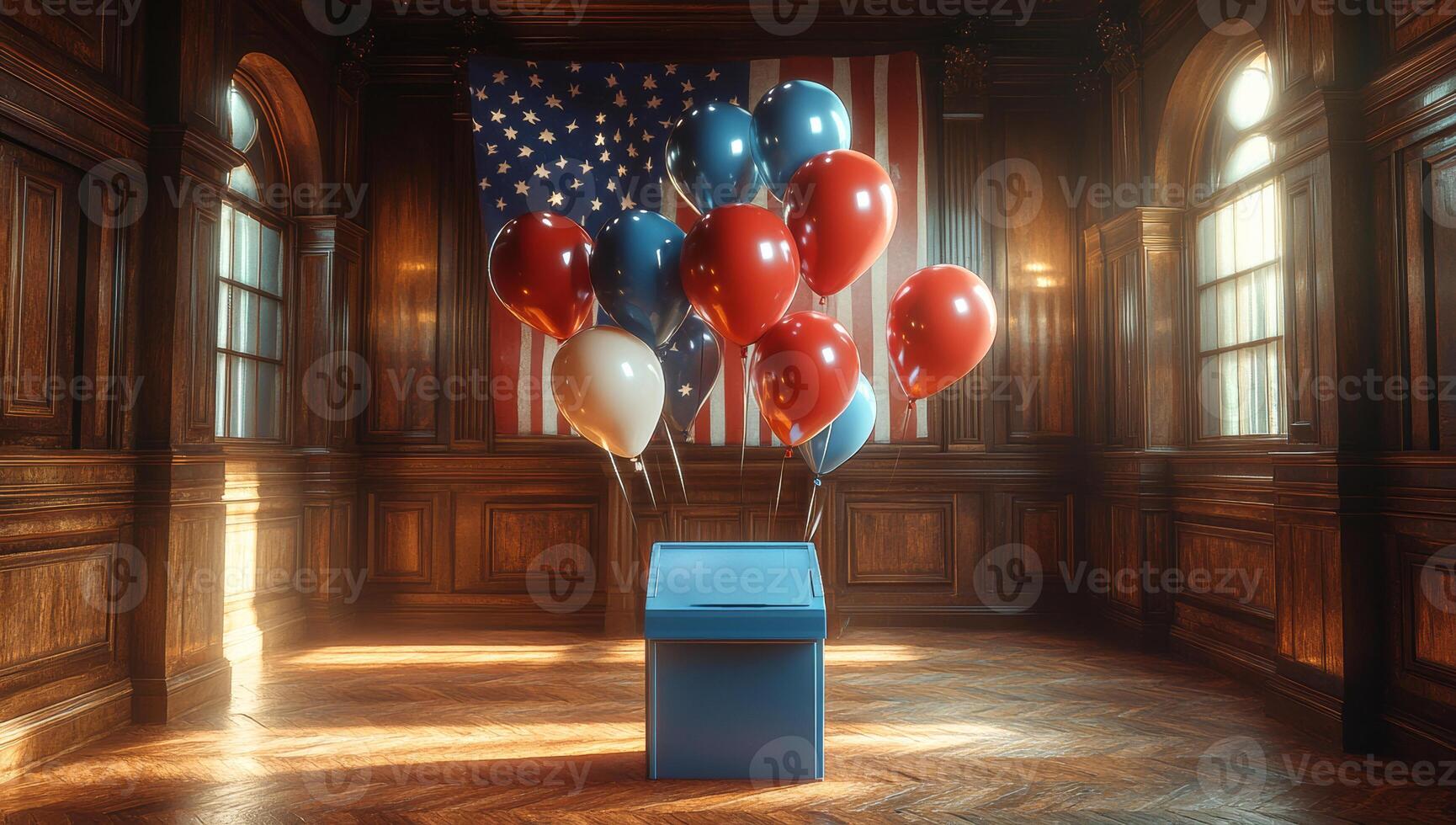 Colorful balloons near voting box in historic hall. A collection of red, white, and blue balloons surrounds a blue voting box in an elegant hall decorated with an American flag. photo
