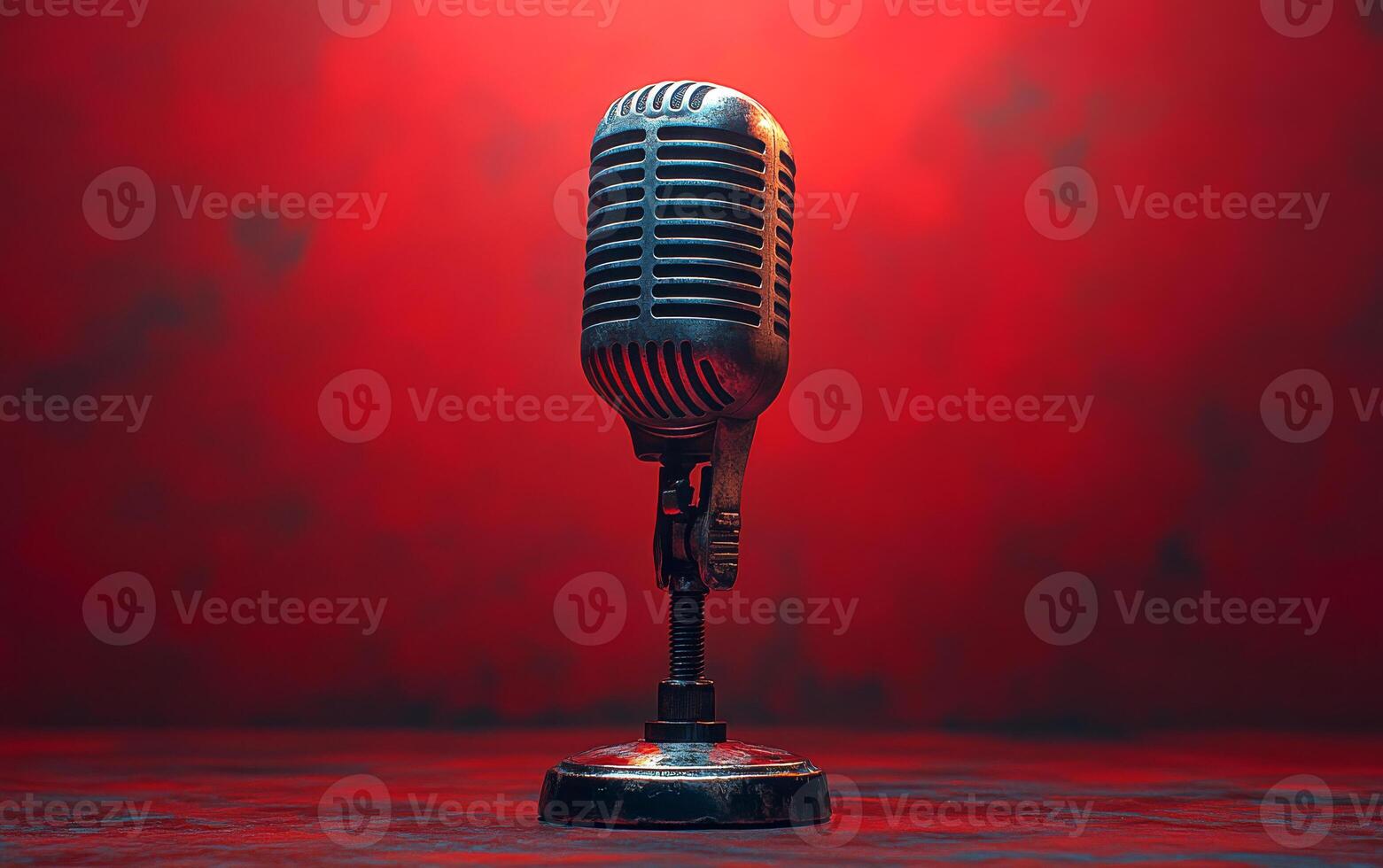 Vintage mic on red backdrop. A classic vintage microphone is featured prominently against a vibrant red background, capturing a nostalgic and artistic vibe. photo