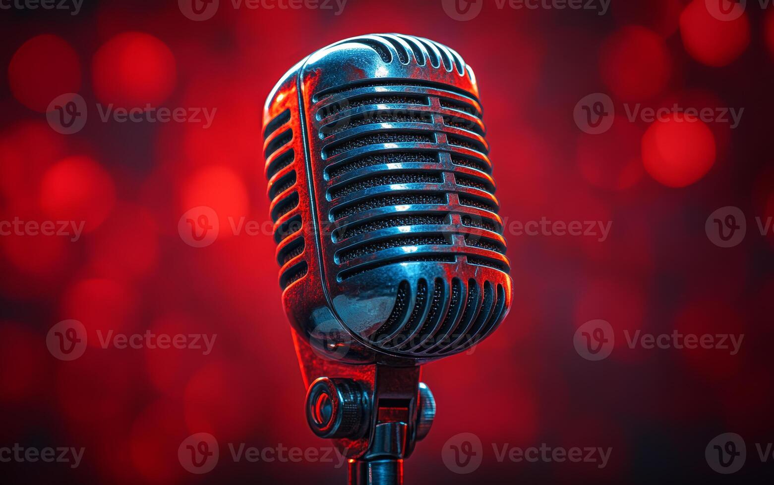 Mic on stage with red backdrop. A vintage microphone stands illuminated on stage, surrounded by a glowing red backdrop, ready for a performance or recording. photo