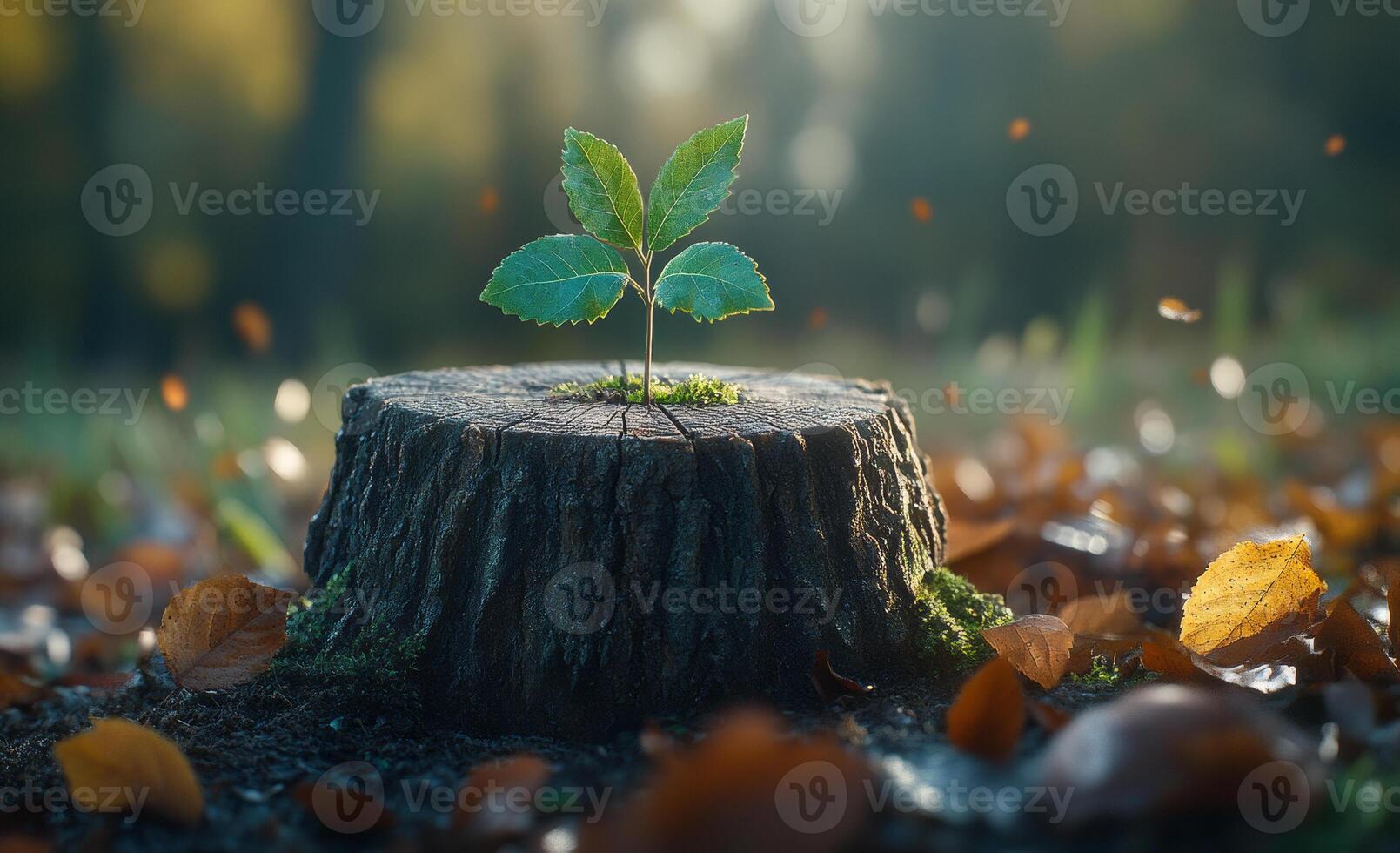 New life from a stump in autumn woods. A small green plant emerges from a tree stump surrounded by fallen leaves in a serene, autumn forest setting. photo