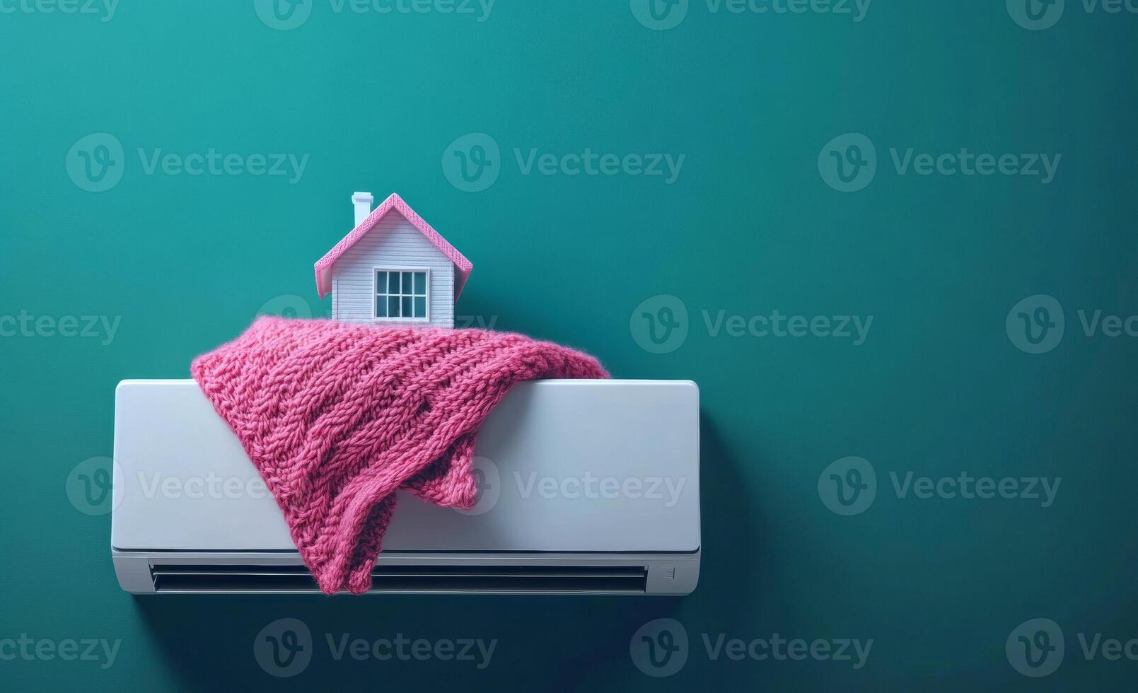 Knitted blanket on cozy decor. A small model house rests on an air conditioner, draped with a pink knitted blanket against a green backdrop, creating a cozy atmosphere. photo