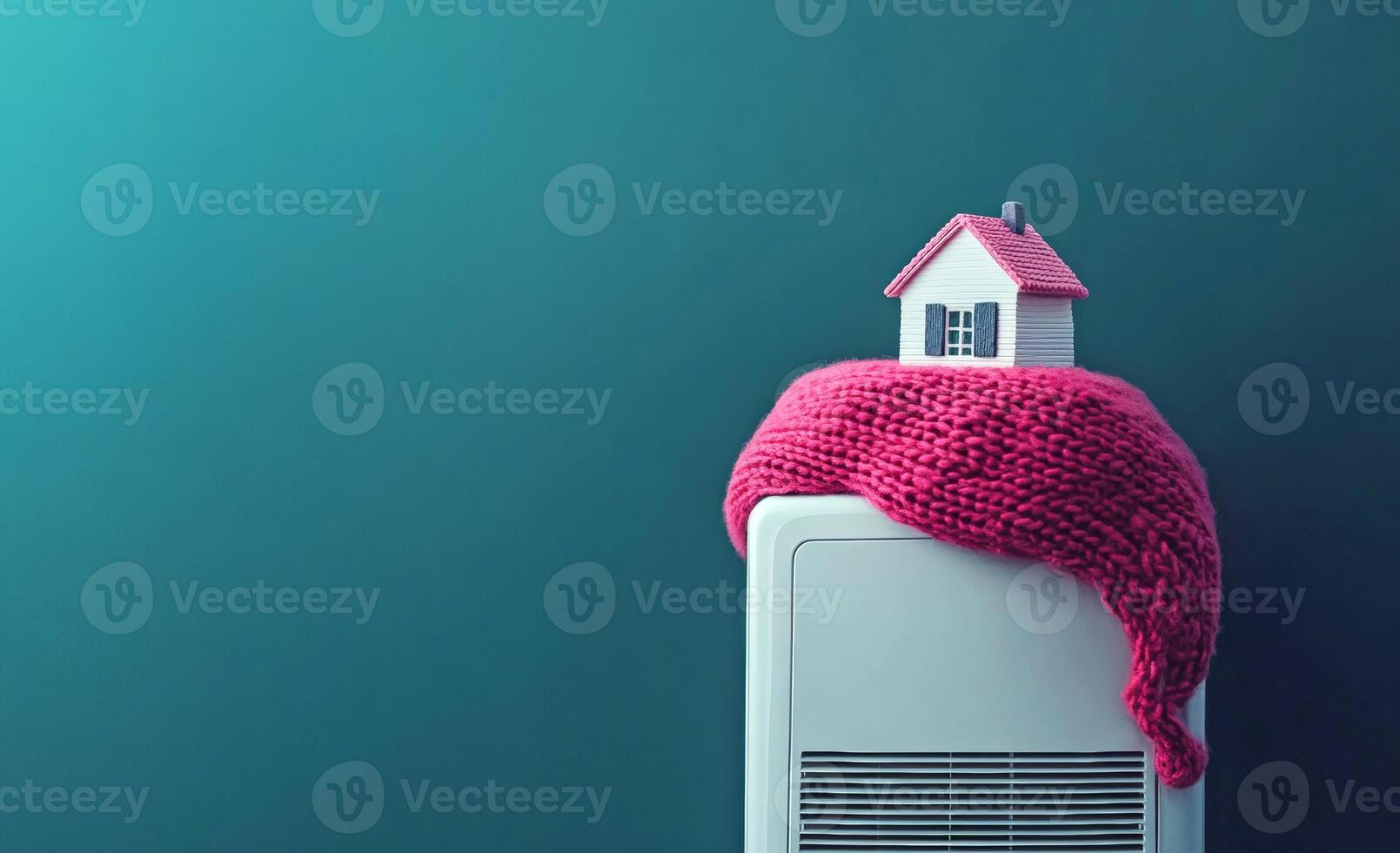 Cozy home concept with a house on a heater. A small house model wrapped in a pink knitted blanket sits atop a heater, symbolizing warmth and comfort in a cool environment. photo
