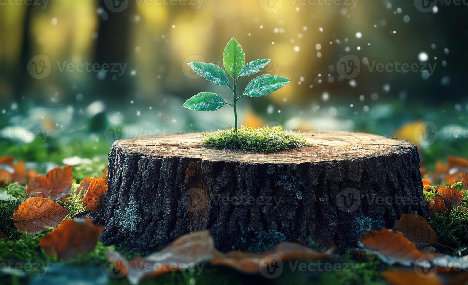 Green plant flourishes on tree stump. In a serene autumn forest, a vibrant green plant emerges from a tree stump, surrounded by fallen leaves and soft sunlight. photo