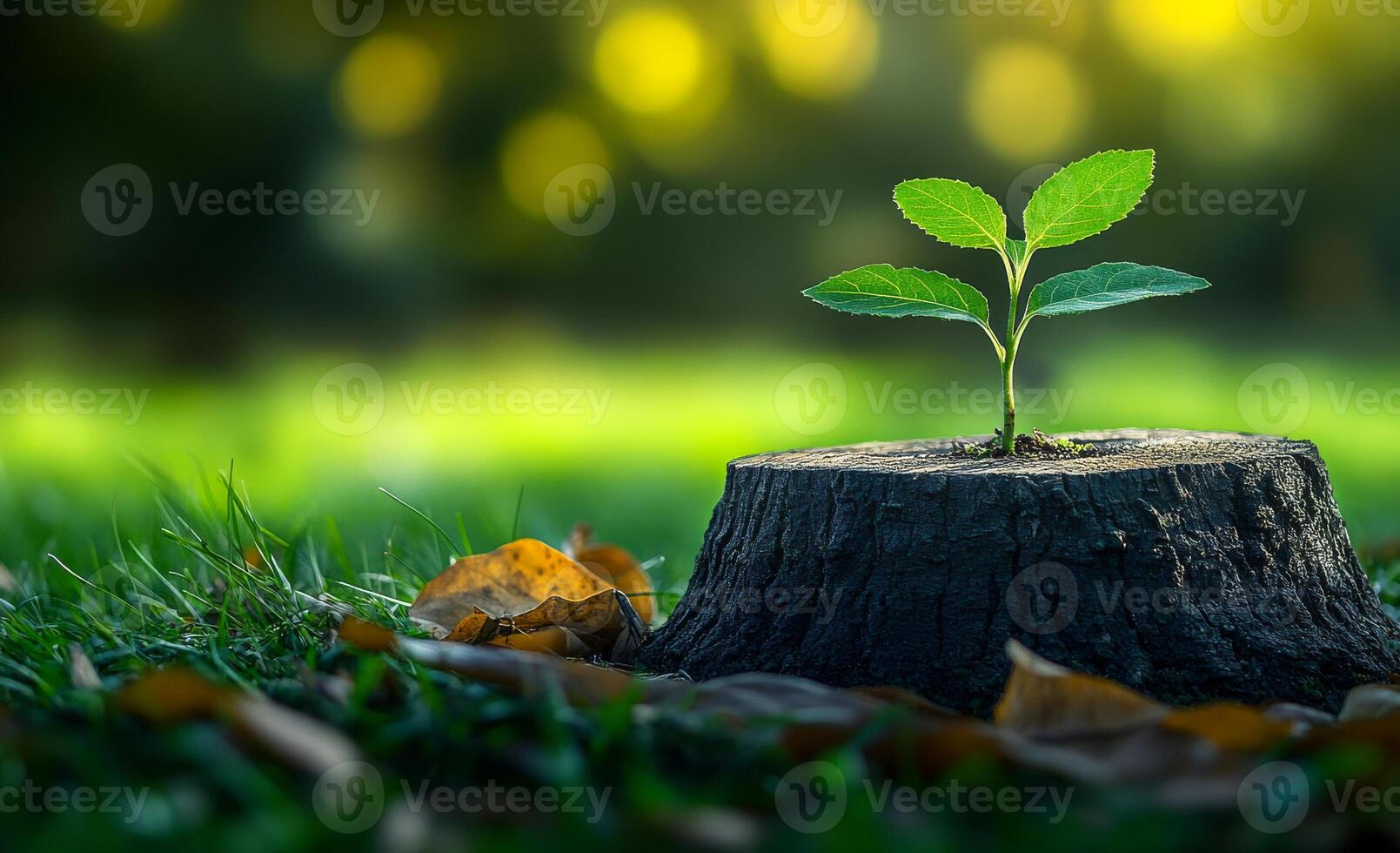 New life emerging from a tree stump in springtime. A small green plant grows from a tree stump surrounded by colorful leaves, highlighting nature's resilience and renewal in spring. photo