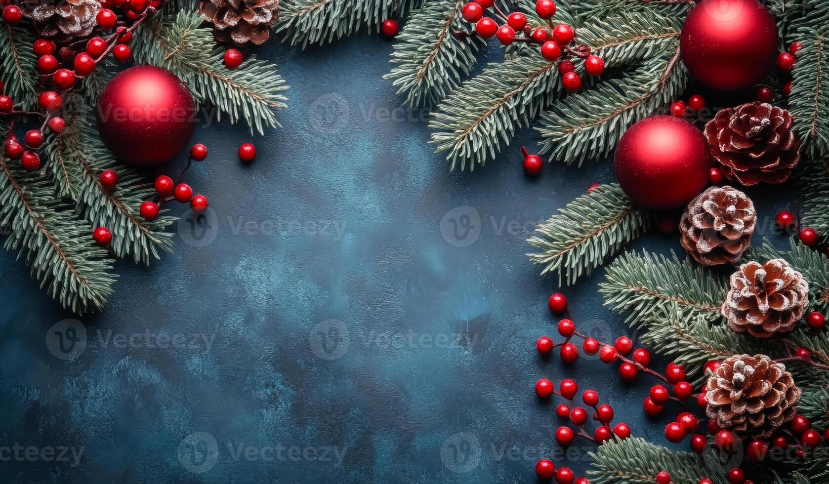Christmas arrangement with pine and ornaments. A festive arrangement features pine branches, red ornaments, and pine cones against a dark blue background, creating a holiday atmosphere. photo