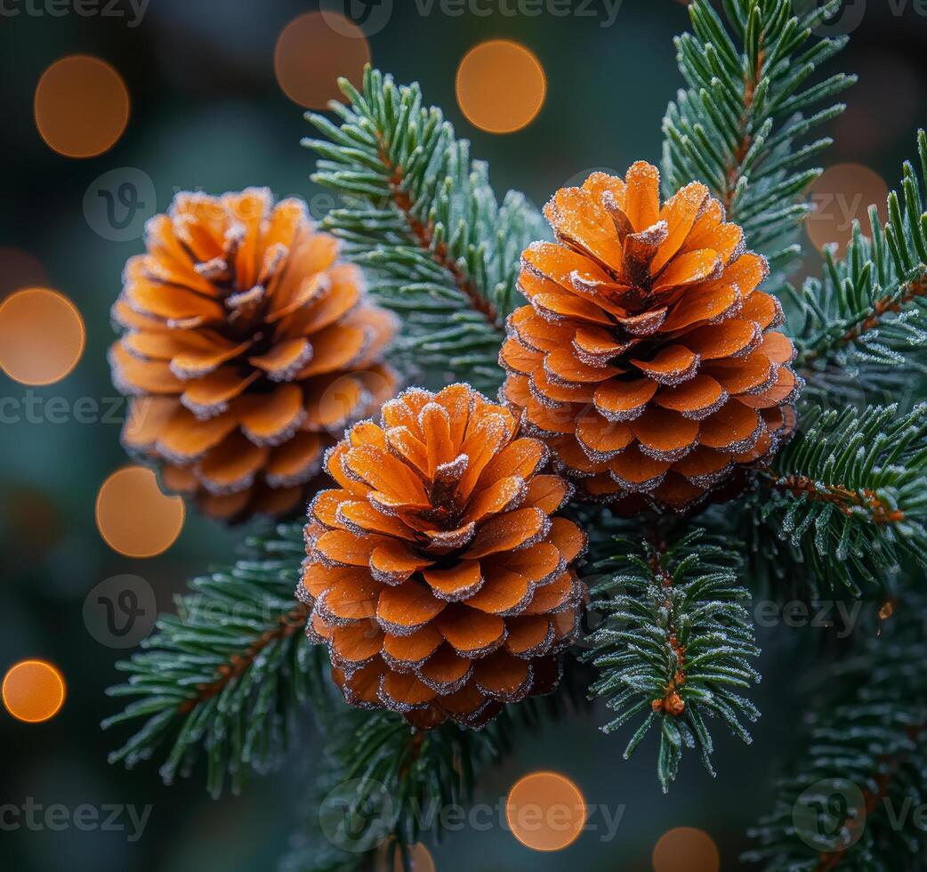 Frost-covered pine cones on a winter evening. Pine cones with a frosty coating rest on evergreen branches, illuminated by warm bokeh lights during a quiet winter evening. photo
